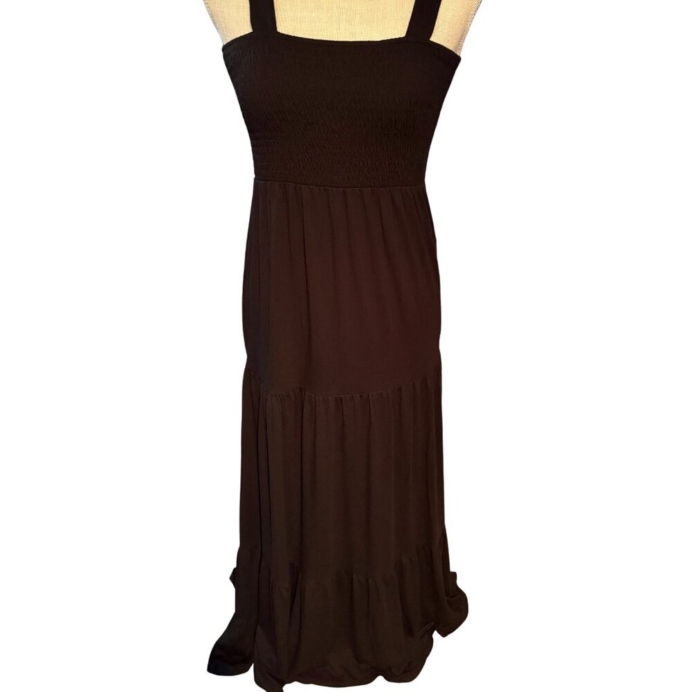 LOFT Petite XS Black Smocked Tiered Midi Dress Stretch Sundress